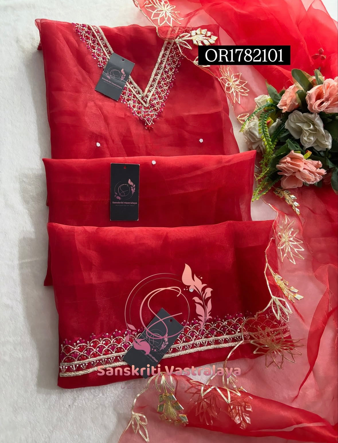 ORGANZA ZARDOZI Handwork 3pc RED UNSTICHED Suit jaipuri GOTA PATTI  OR1782101