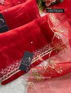 ORGANZA ZARDOZI Handwork 3pc RED UNSTICHED Suit jaipuri GOTA PATTI  OR1782101