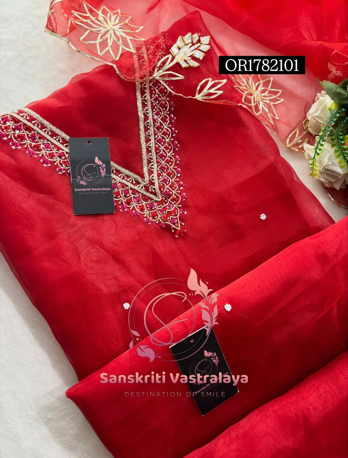 ORGANZA ZARDOZI Handwork 3pc RED UNSTICHED Suit jaipuri GOTA PATTI  OR1782101