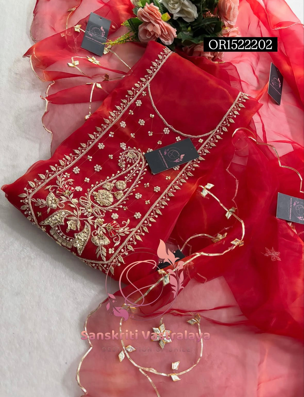 ORGANZA Zardogi Handwork 3pc RED UNSTICHED Suit jaipuri GOTA PATTI  OR1522202