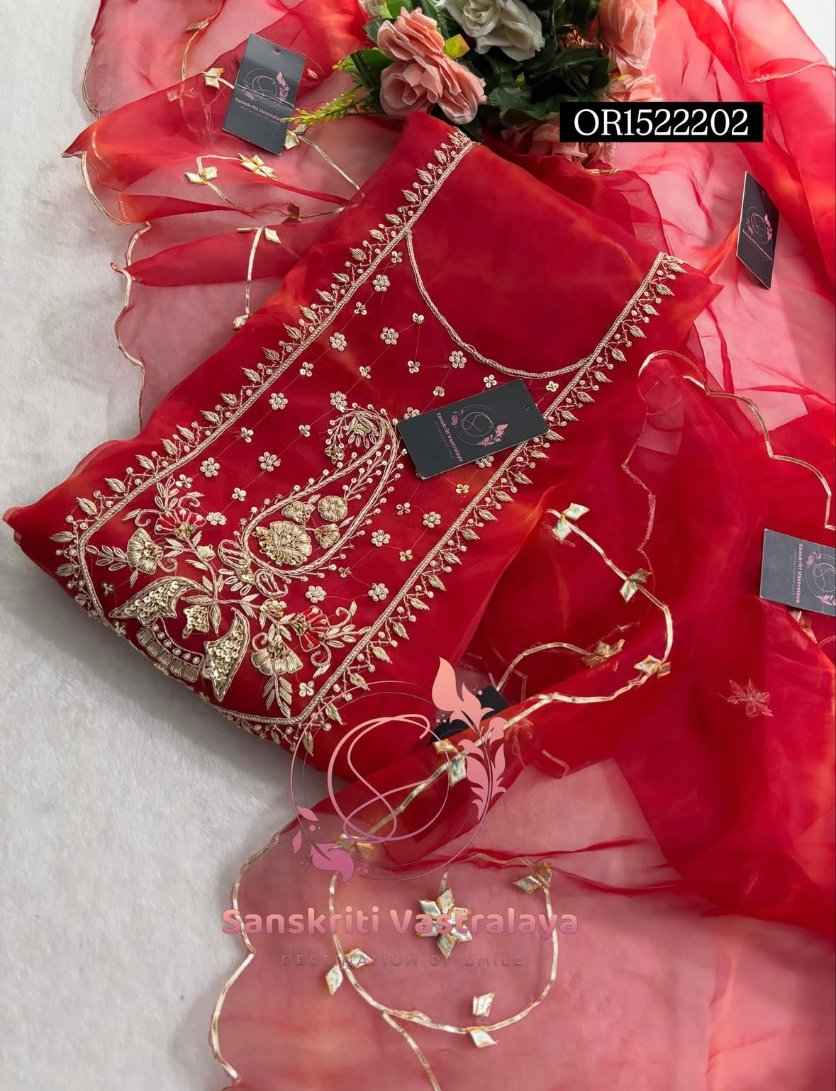 ORGANZA Zardogi Handwork 3pc RED UNSTICHED Suit jaipuri GOTA PATTI  OR1522202