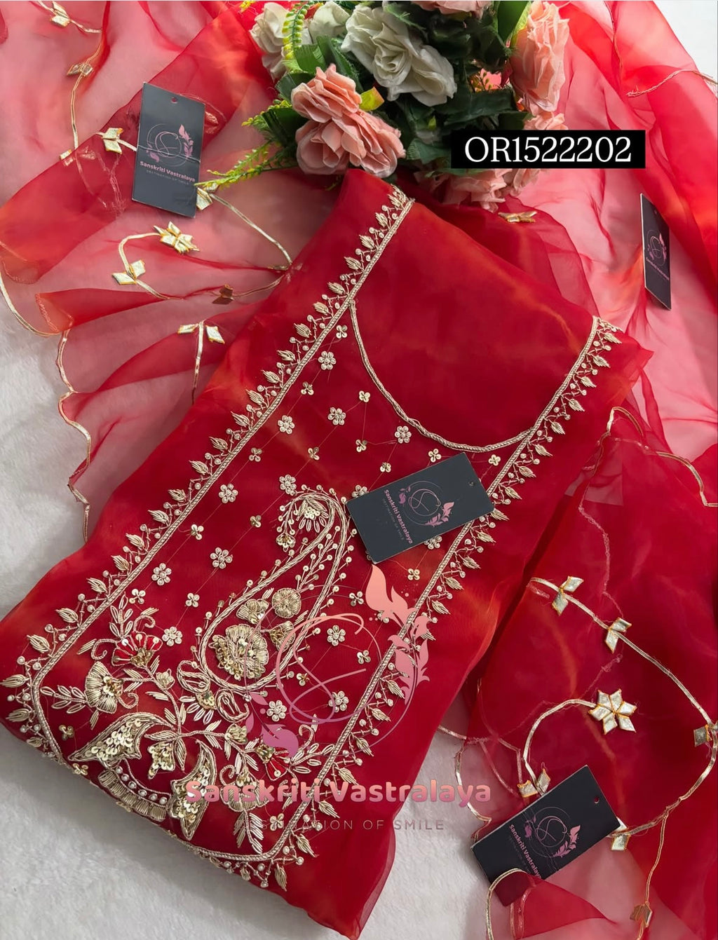 ORGANZA Zardogi Handwork 3pc RED UNSTICHED Suit jaipuri GOTA PATTI  OR1522202