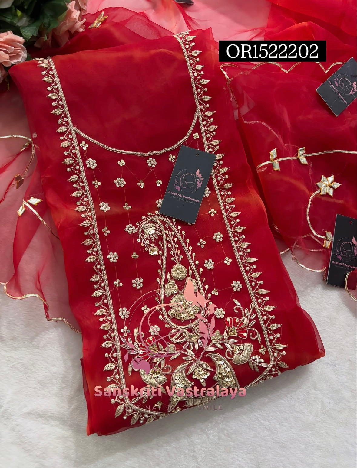 ORGANZA Zardogi Handwork 3pc RED UNSTICHED Suit jaipuri GOTA PATTI  OR1522202