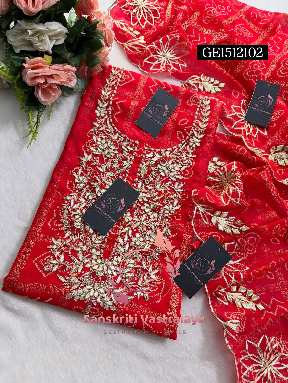 GEORGETTE Zardogi Handwork 3pc  RED UNSTICHED Suit jaipuri GOTA PATTI  GE1512102