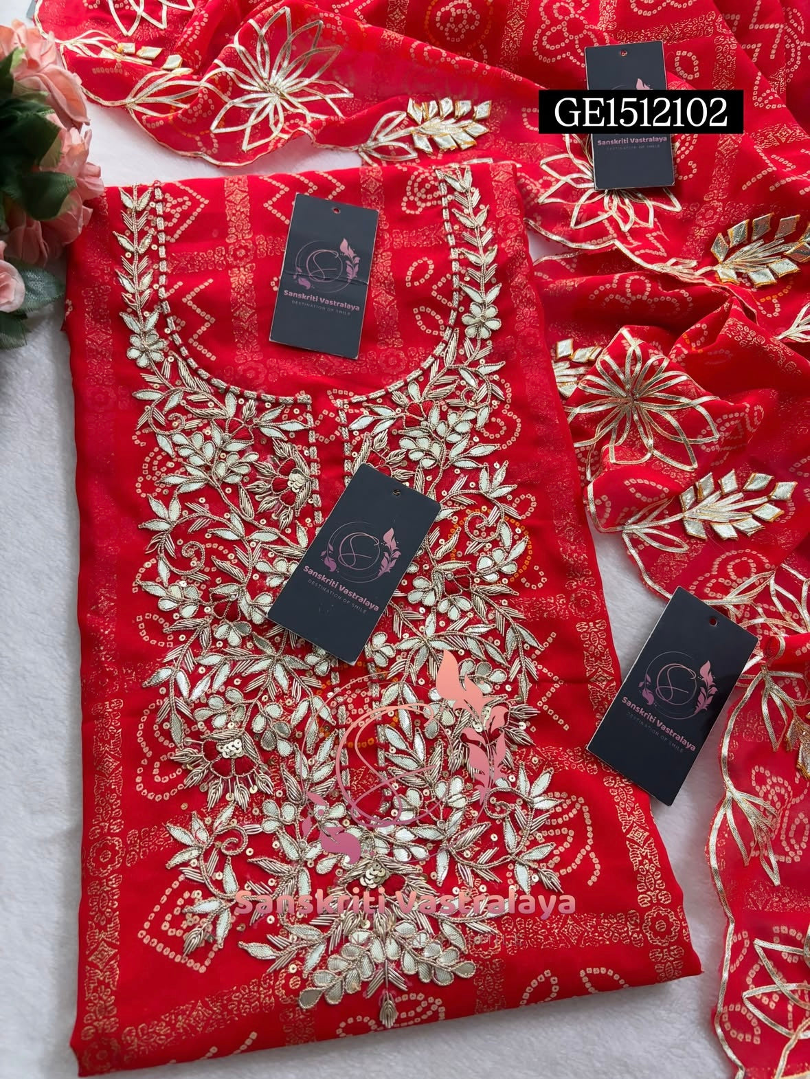 GEORGETTE Zardogi Handwork 3pc  RED UNSTICHED Suit jaipuri GOTA PATTI  GE1512102