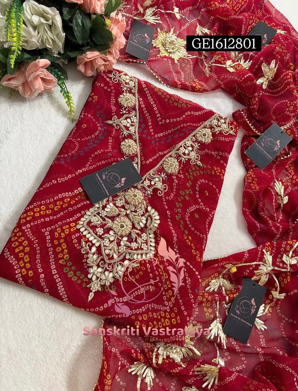 GEORGETTE Zardogi Handwork 3pc  RED UNSTICHED Suit jaipuri GOTA PATTI  GE1612801