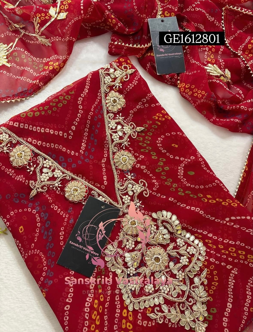 GEORGETTE Zardogi Handwork 3pc  RED UNSTICHED Suit jaipuri GOTA PATTI  GE1612801