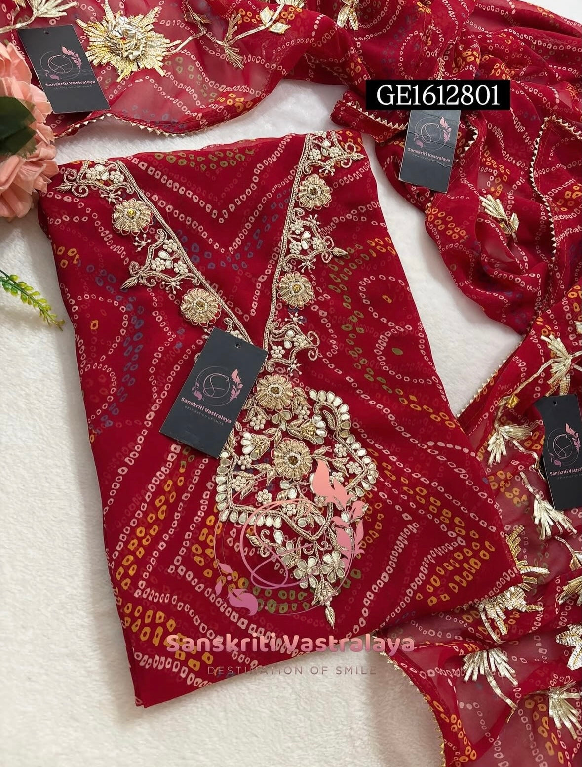 GEORGETTE Zardogi Handwork 3pc  RED UNSTICHED Suit jaipuri GOTA PATTI  GE1612801