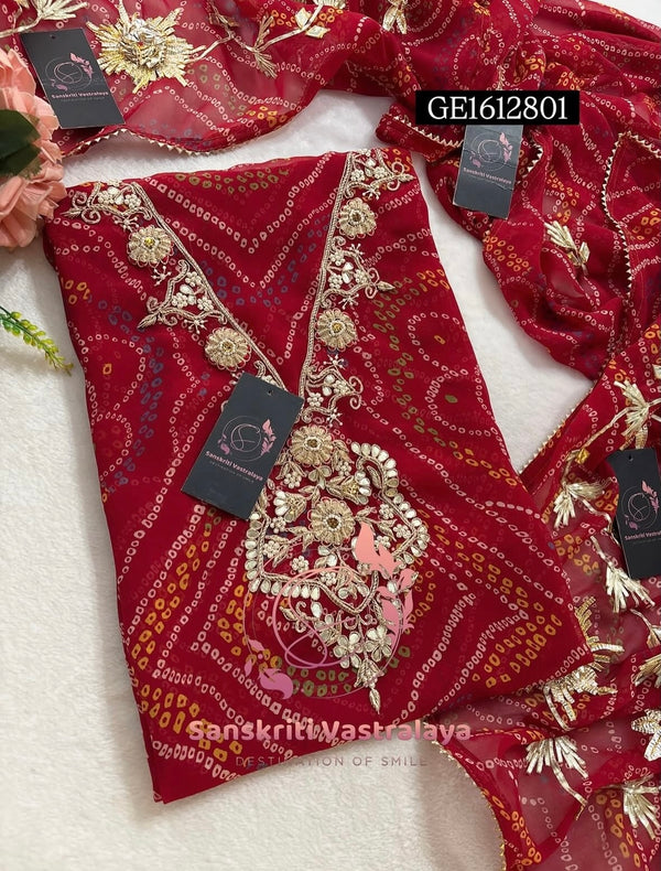 GEORGETTE Zardogi Handwork 3pc  RED UNSTICHED Suit jaipuri GOTA PATTI  GE1612801