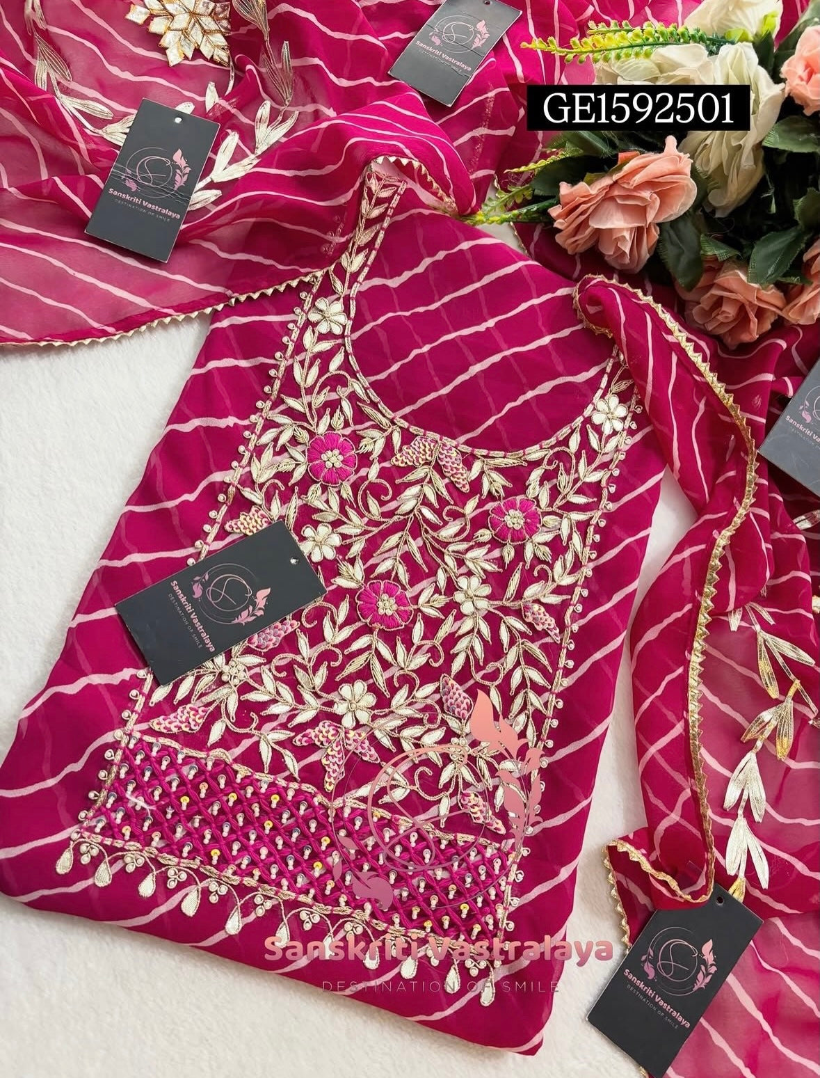 GEORGETTE Zardogi Handwork 3pc  PINK UNSTICHED Suit jaipuri GOTA PATTI  GE1592501