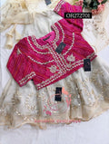 LEHENGA SKIRT BLOUSE JACKET SET  | GOTA PATTI ZARDOSHI HANDWORK WORK 3 PC BEIGE PINK LEHENGA BLOUSE JACKET DUPATTA SET GR272701