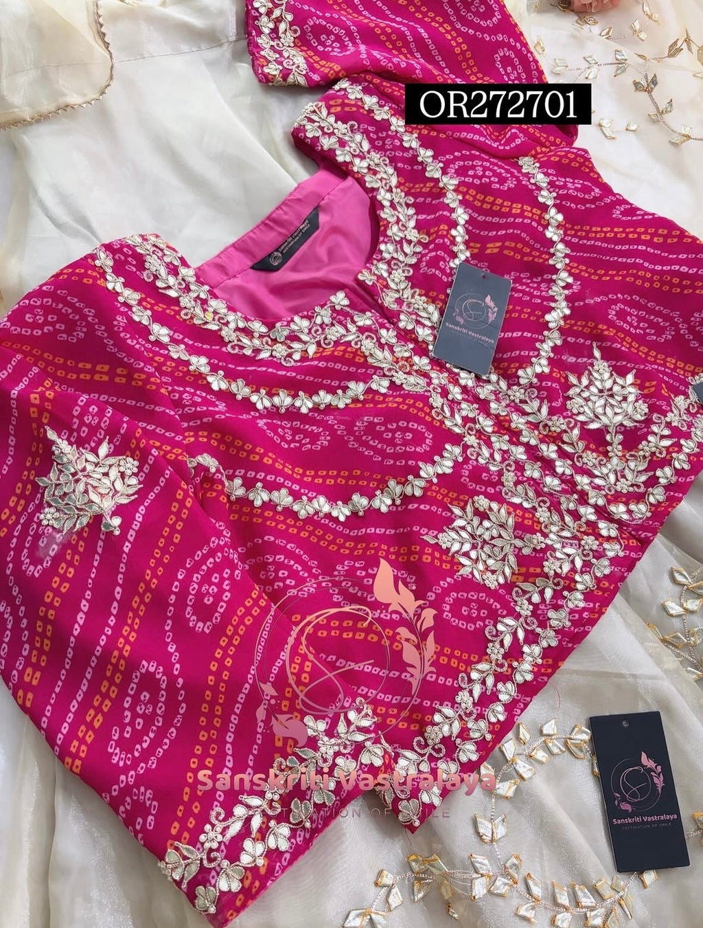 LEHENGA SKIRT BLOUSE JACKET SET  | GOTA PATTI ZARDOSHI HANDWORK WORK 3 PC BEIGE PINK LEHENGA BLOUSE JACKET DUPATTA SET GR272701