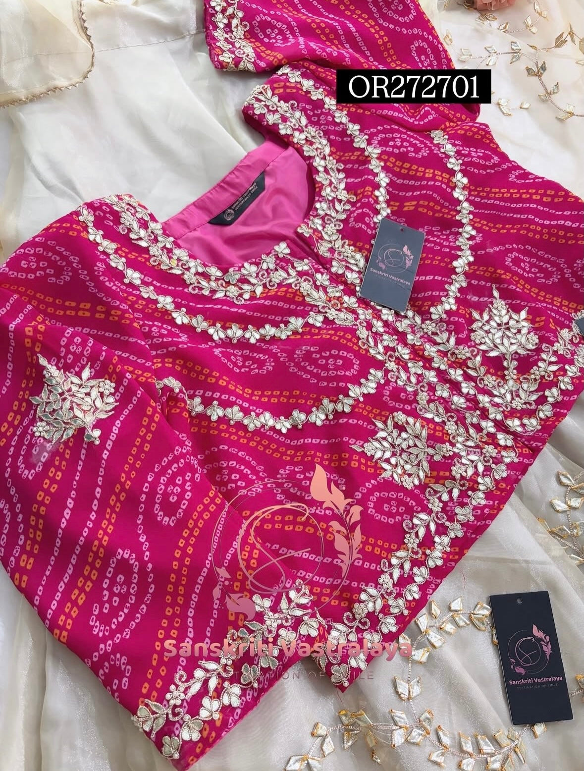 LEHENGA SKIRT BLOUSE JACKET SET  | GOTA PATTI ZARDOSHI HANDWORK WORK 3 PC BEIGE PINK LEHENGA BLOUSE JACKET DUPATTA SET GR272701