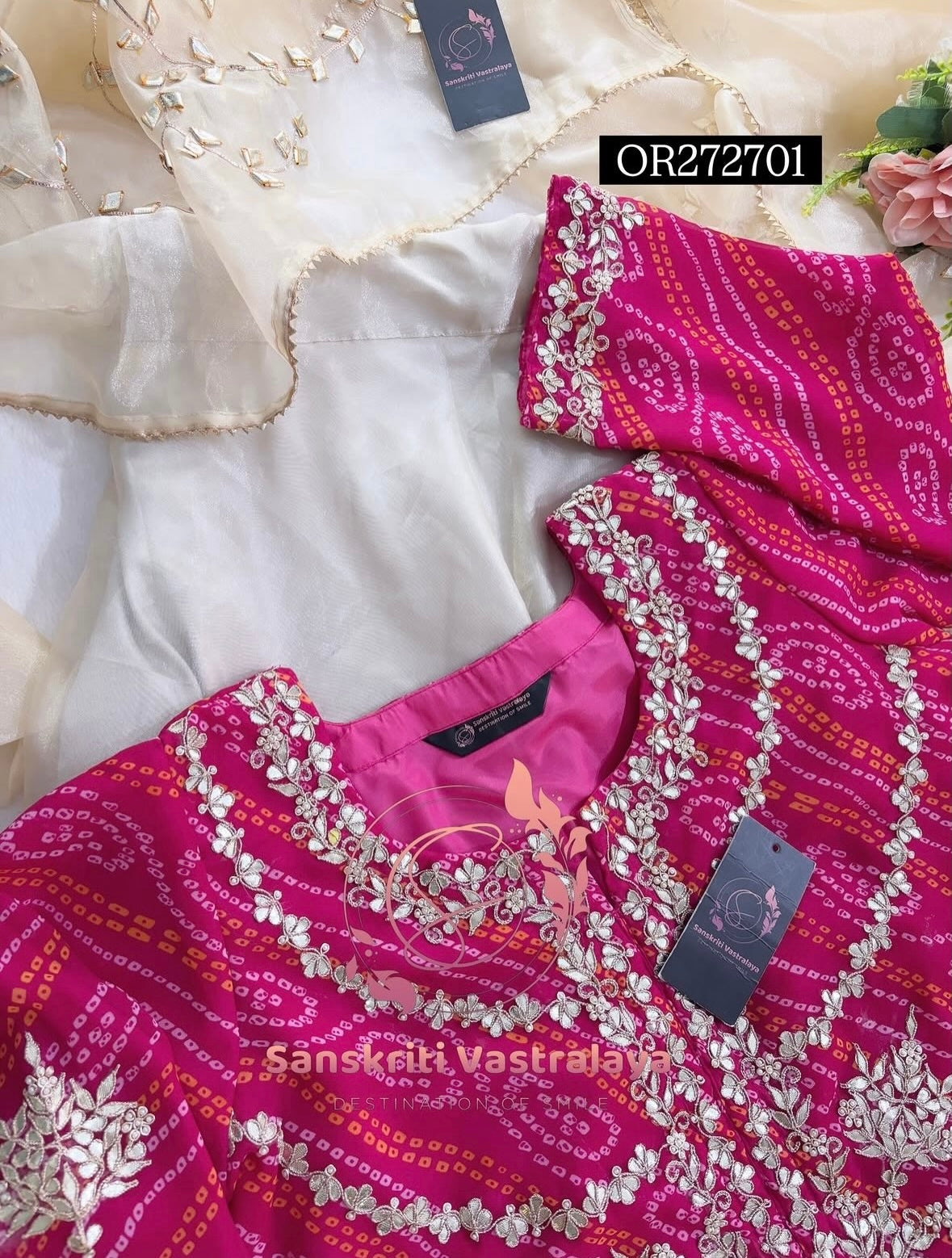 LEHENGA SKIRT BLOUSE JACKET SET  | GOTA PATTI ZARDOSHI HANDWORK WORK 3 PC BEIGE PINK LEHENGA BLOUSE JACKET DUPATTA SET GR272701