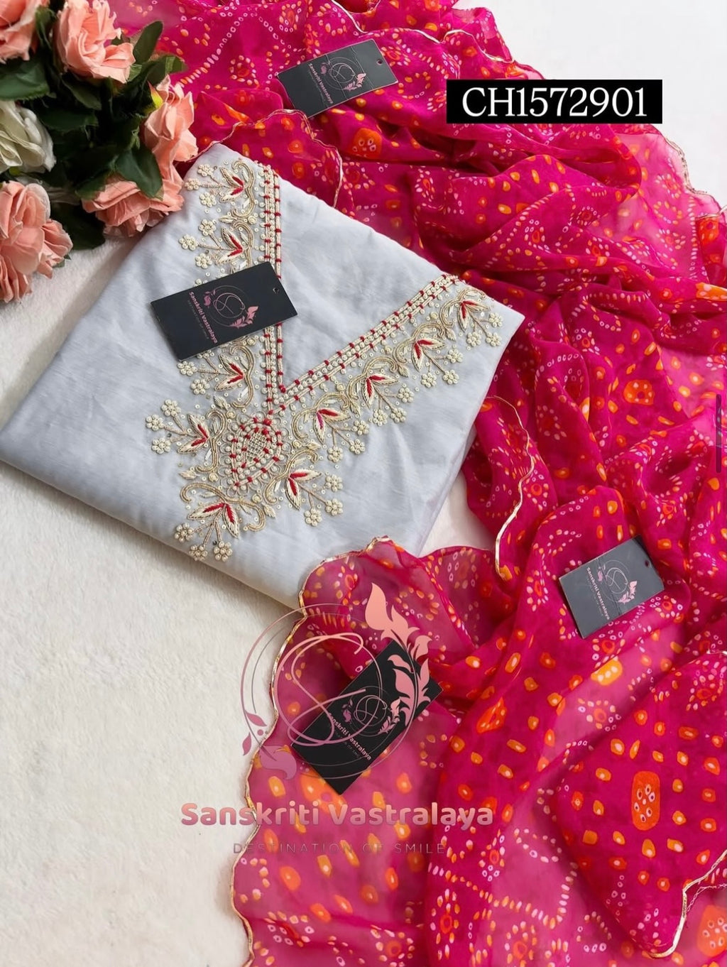 chanderi SILK Zardozi Handwork 3pc grey meganta COLOUR UNSTICHED Suit Jaipuri GOTA PATTI  CH1572901