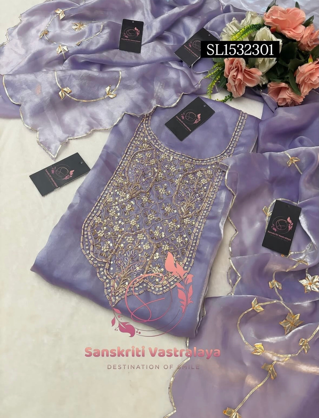 SPACE SILK Zardozi Handwork 3pc PURPLE UNSTICHED Suit Jaipuri GOTA PATTI  SL1532301