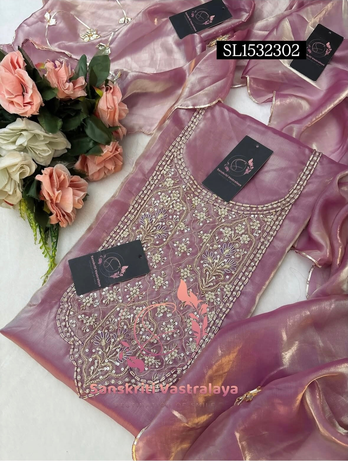 SPACE SILK Zardozi Handwork 3pc ONION PINK UNSTICHED Suit Jaipuri GOTA PATTI  SL1532302