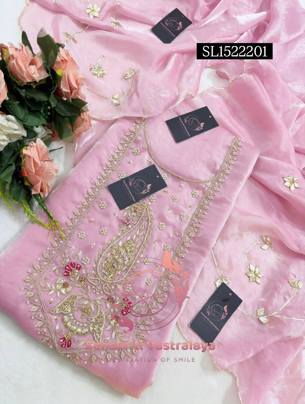 SPACE SILK Zardozi Handwork 3pc BABY PINK UNSTICHED Suit Jaipuri GOTA PATTI  SL1522201