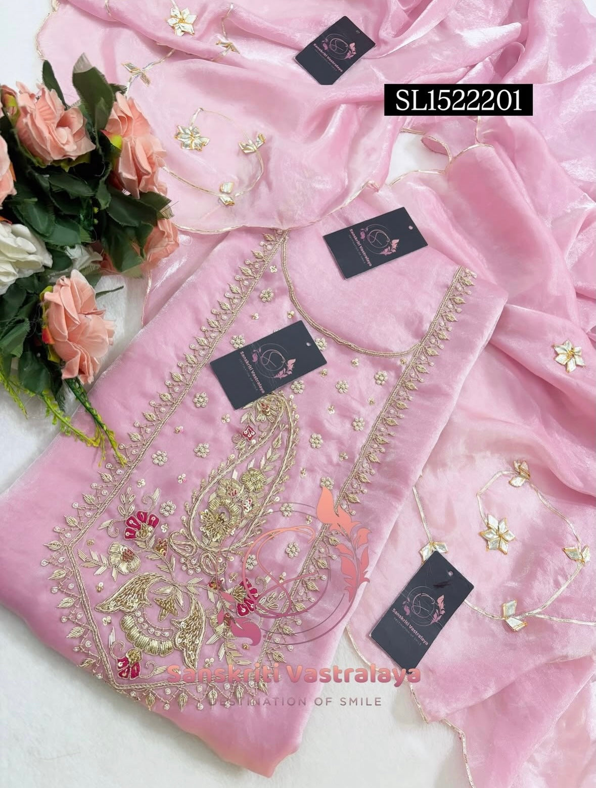 SPACE SILK Zardozi Handwork 3pc BABY PINK UNSTICHED Suit Jaipuri GOTA PATTI  SL1522201