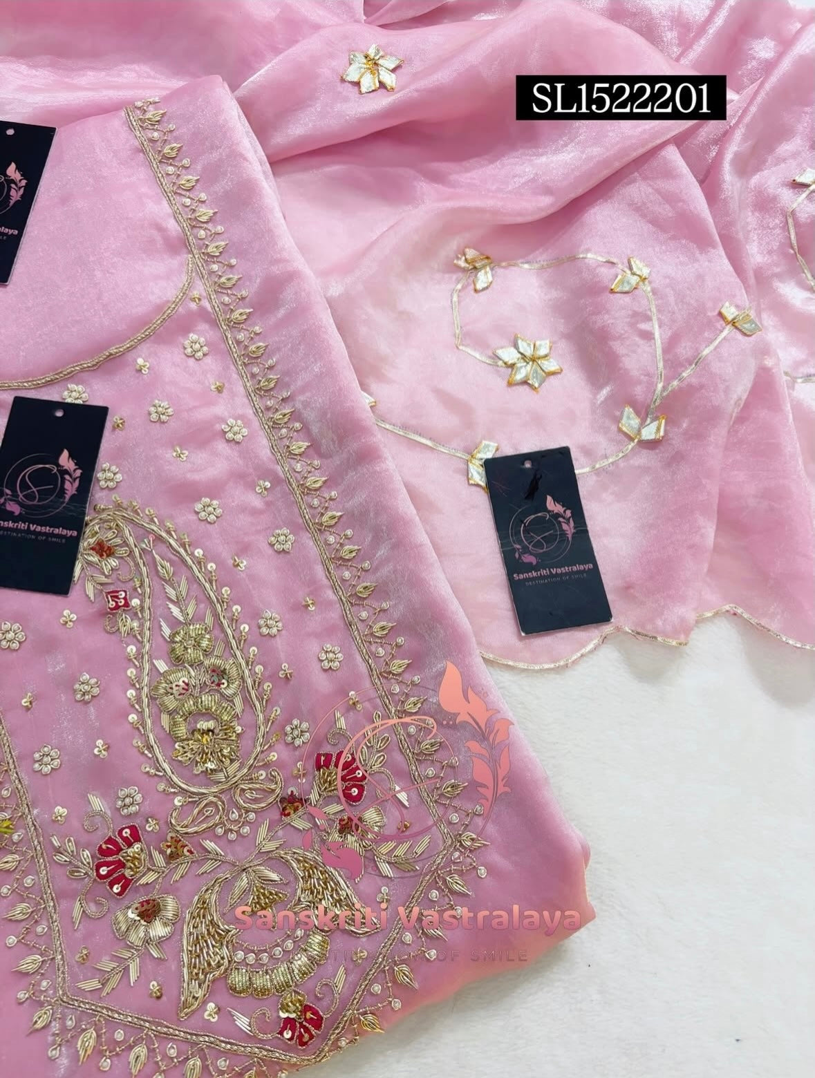 SPACE SILK Zardozi Handwork 3pc BABY PINK UNSTICHED Suit Jaipuri GOTA PATTI  SL1522201