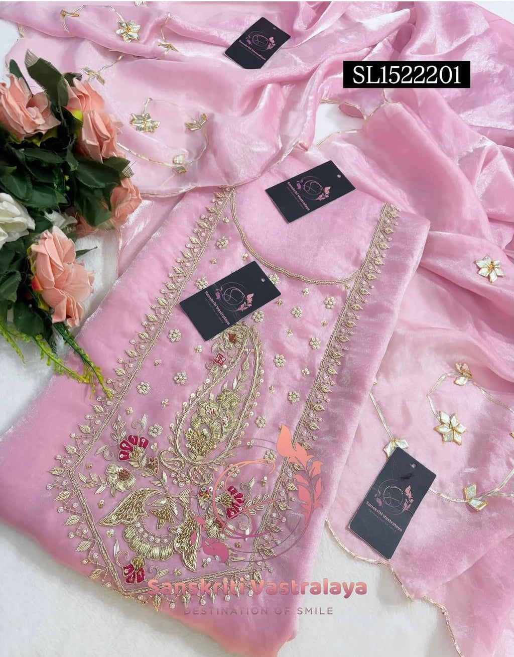 SPACE SILK Zardozi Handwork 3pc BABY PINK UNSTICHED Suit Jaipuri GOTA PATTI  SL1522201