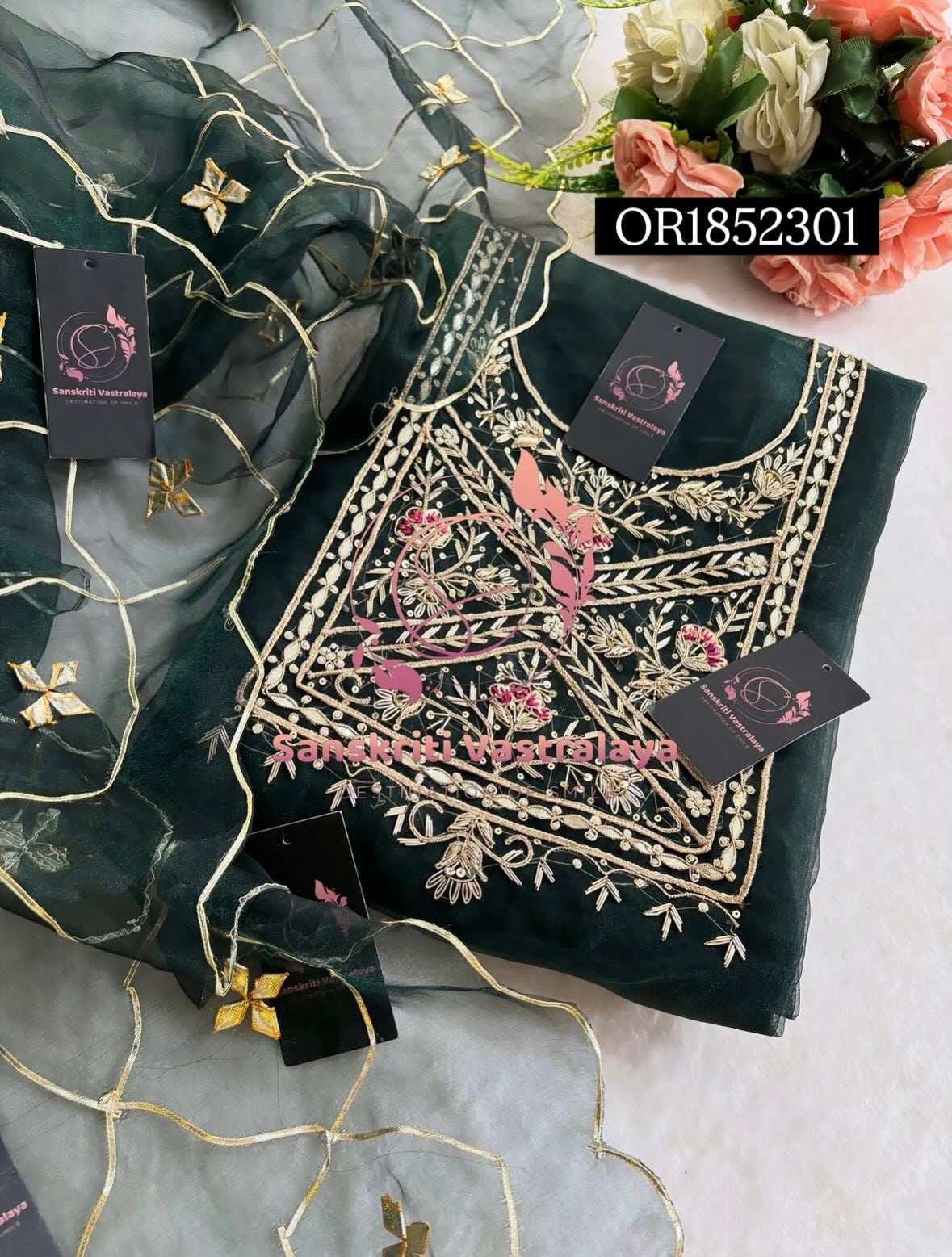 ORGANZA Zardogi Handwork 3pc BOTTLEGREEN UNSTICHED Suit jaipuri GOTA PATTI  OR1852301