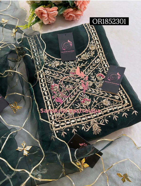 ORGANZA Zardogi Handwork 3pc BOTTLEGREEN UNSTICHED Suit jaipuri GOTA PATTI  OR1852301