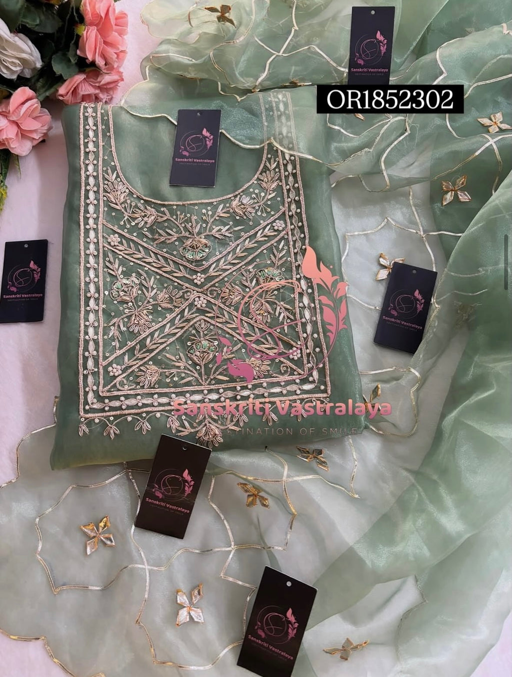 ORGANZA Zardogi Handwork 3pc  LIGHT OLIVEGREEN UNSTICHED Suit jaipuri GOTA PATTI  OR1852302