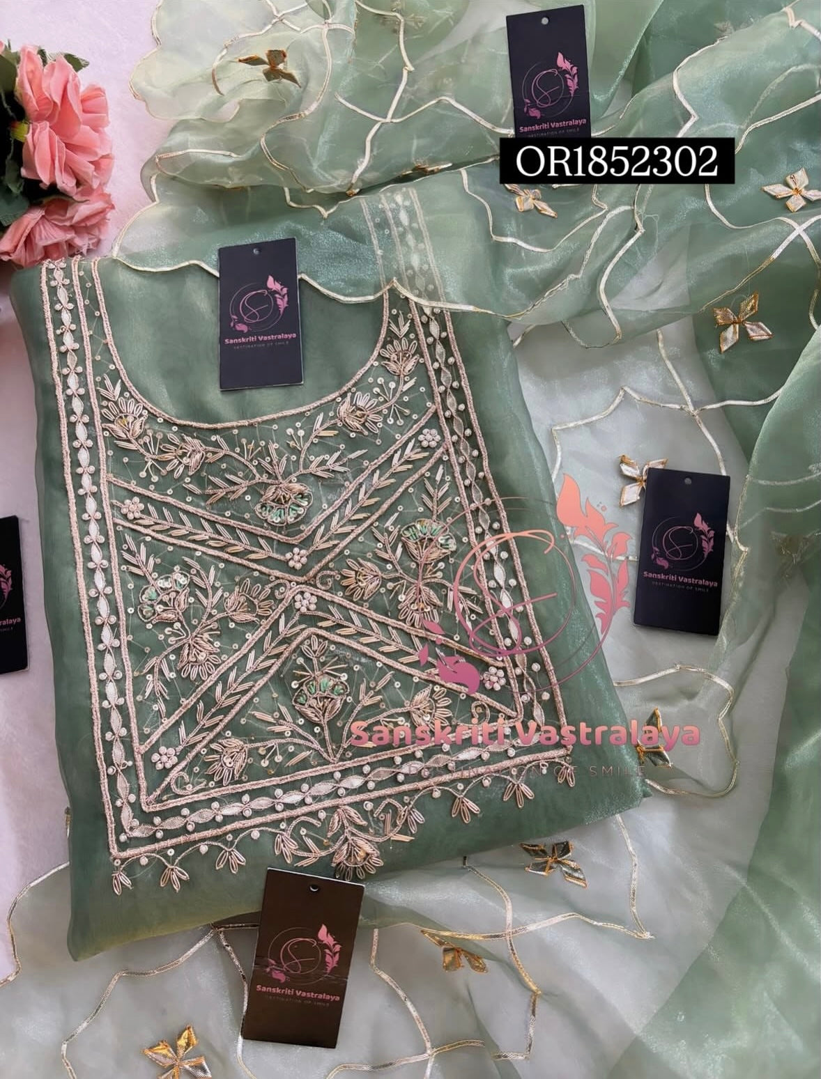 ORGANZA Zardogi Handwork 3pc  LIGHT OLIVEGREEN UNSTICHED Suit jaipuri GOTA PATTI  OR1852302