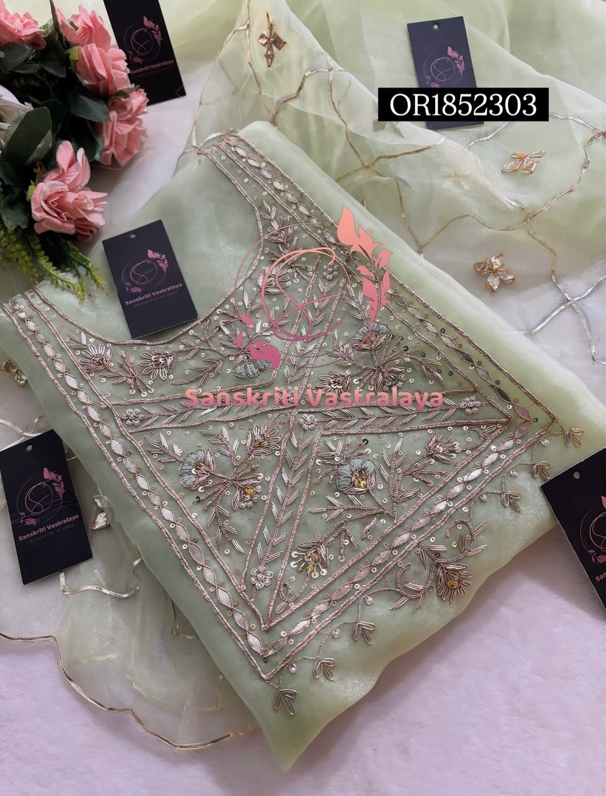 ORGANZA Zardogi Handwork 3pc  PISTA  UNSTICHED Suit jaipuri GOTA PATTI  OR1852303