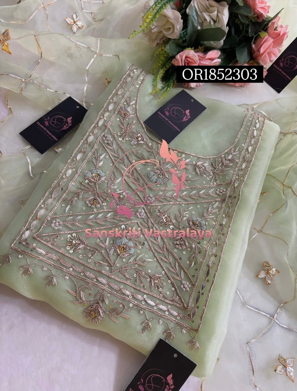 ORGANZA Zardogi Handwork 3pc  PISTA  UNSTICHED Suit jaipuri GOTA PATTI  OR1852303