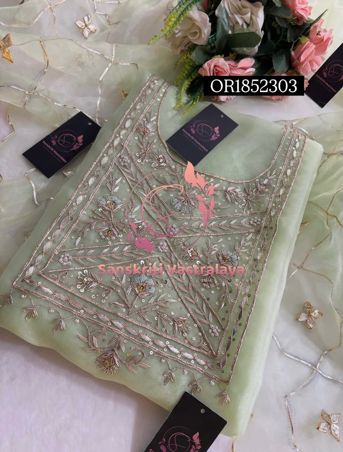 ORGANZA Zardogi Handwork 3pc  PISTA  UNSTICHED Suit jaipuri GOTA PATTI  OR1852303