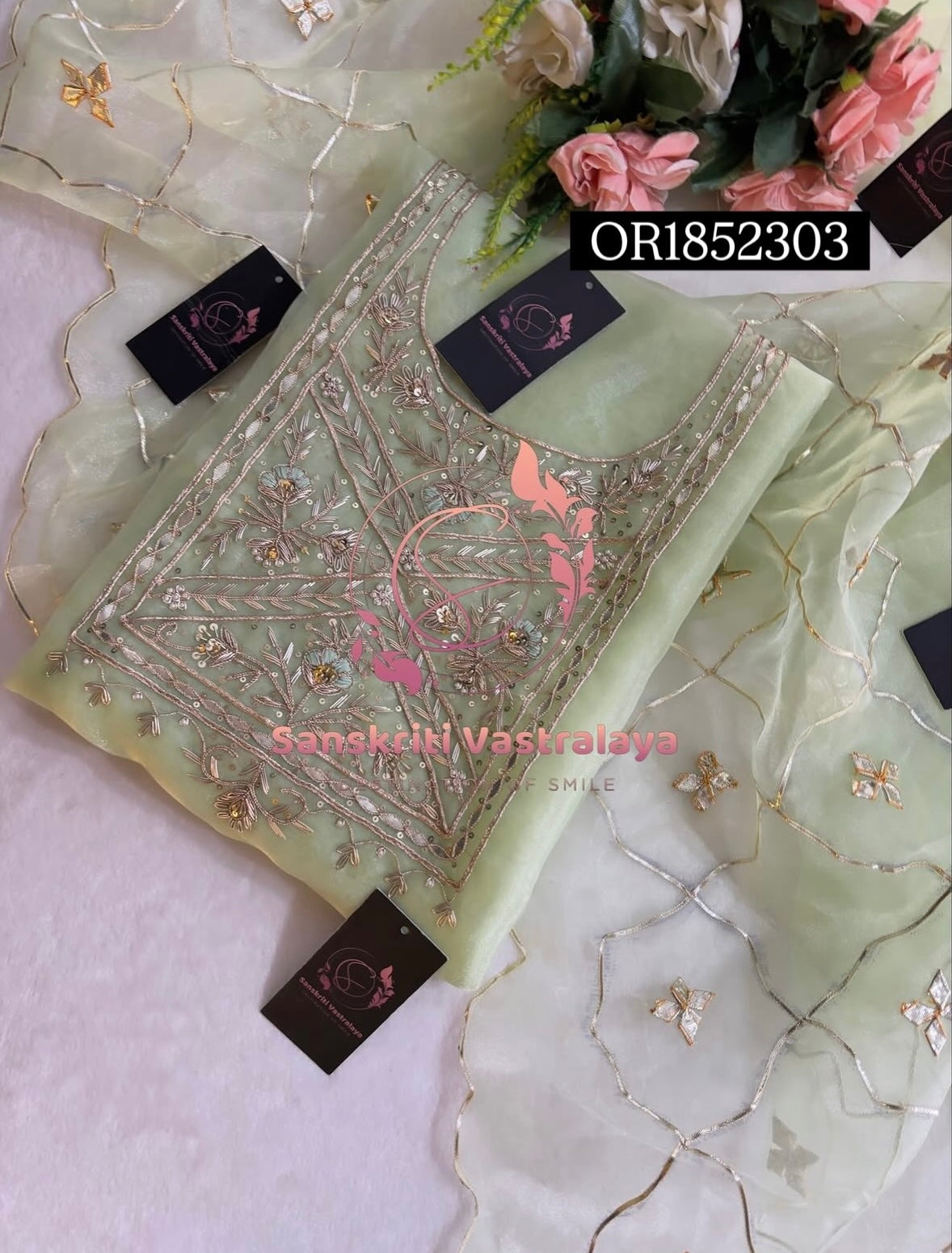 ORGANZA Zardogi Handwork 3pc  PISTA  UNSTICHED Suit jaipuri GOTA PATTI  OR1852303