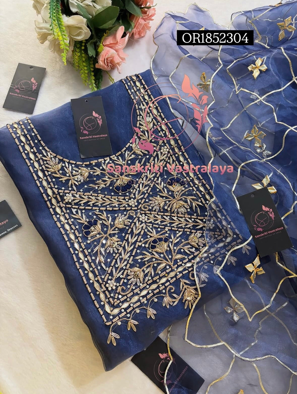 ORGANZA Zardogi Handwork 3pc  NAVYBLUE UNSTICHED Suit jaipuri GOTA PATTI  OR1852304