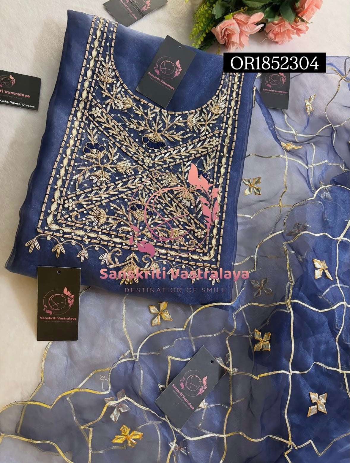 ORGANZA Zardogi Handwork 3pc  NAVYBLUE UNSTICHED Suit jaipuri GOTA PATTI  OR1852304