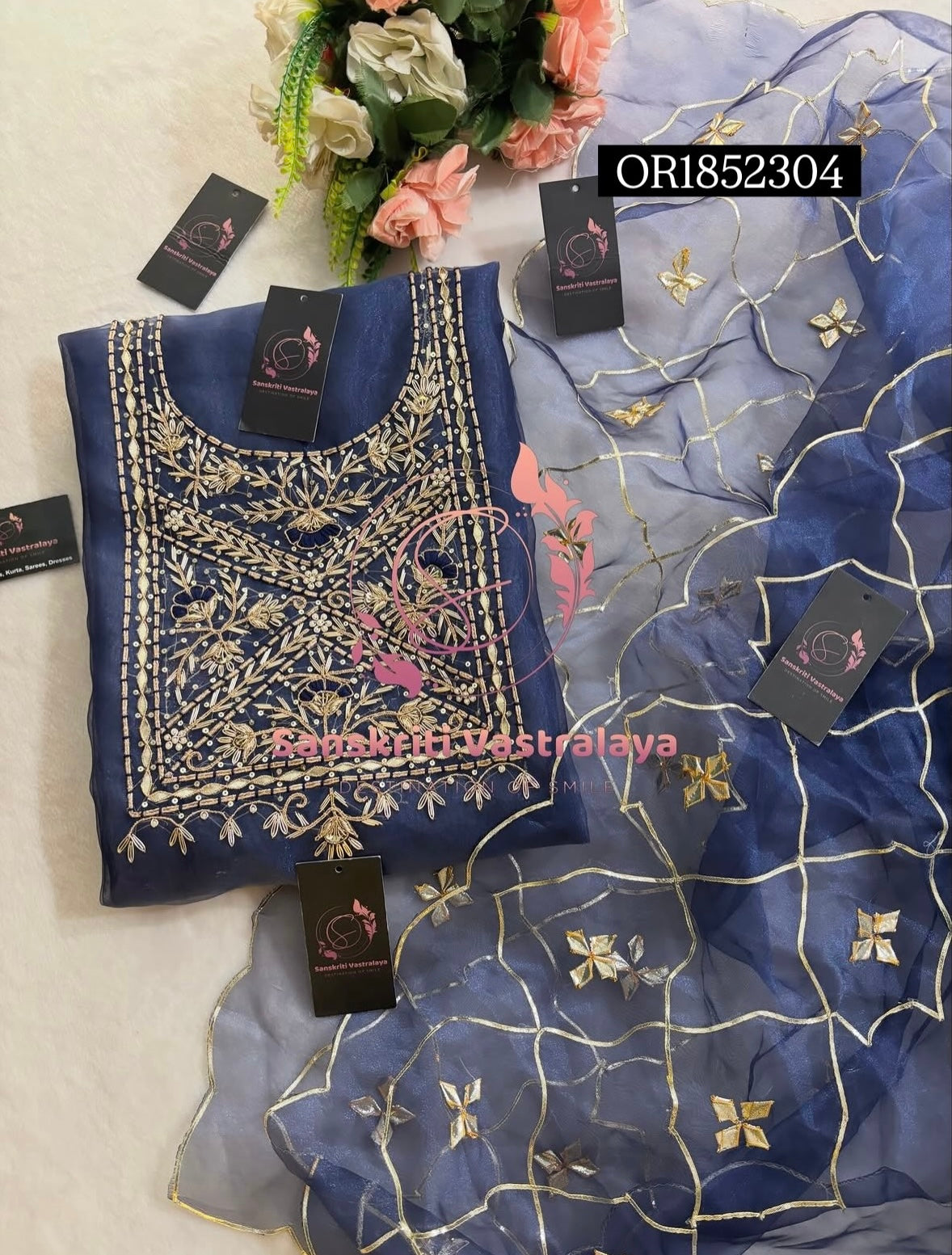 ORGANZA Zardogi Handwork 3pc  NAVYBLUE UNSTICHED Suit jaipuri GOTA PATTI  OR1852304