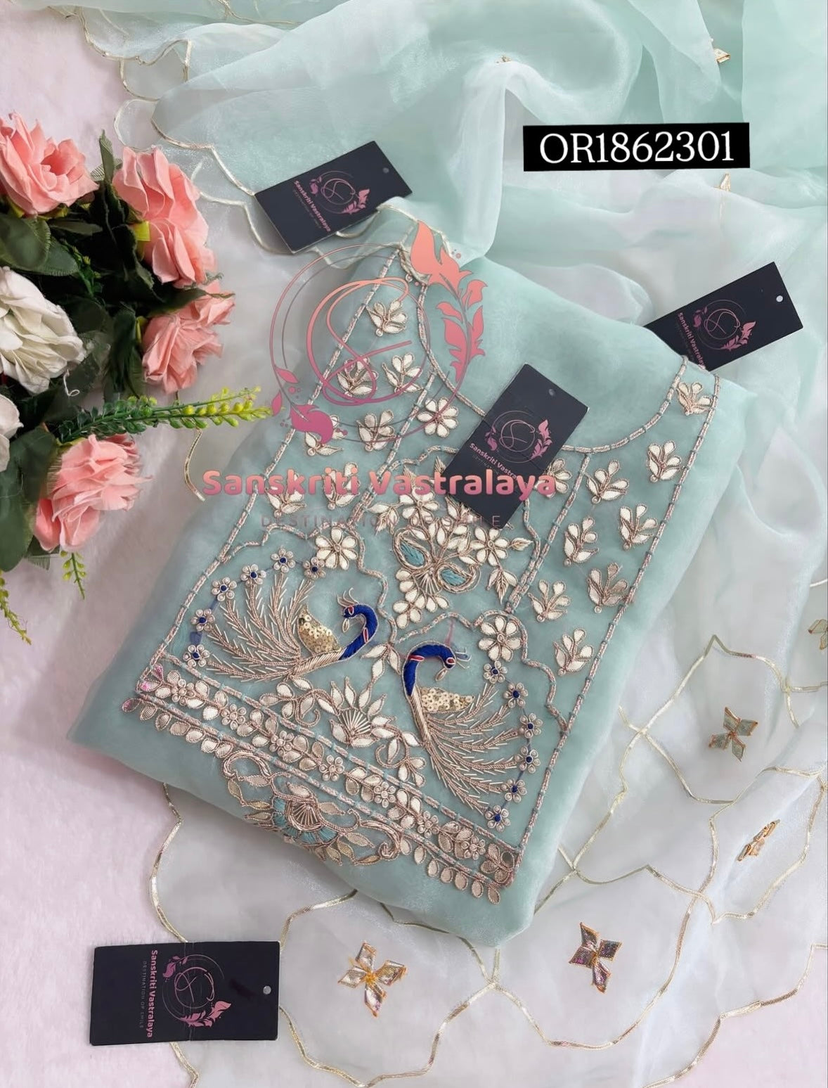 ORGANZA Zardogi Handwork 3pc  OCEANBLUE UNSTICHED Suit jaipuri GOTA PATTI  OR1862301
