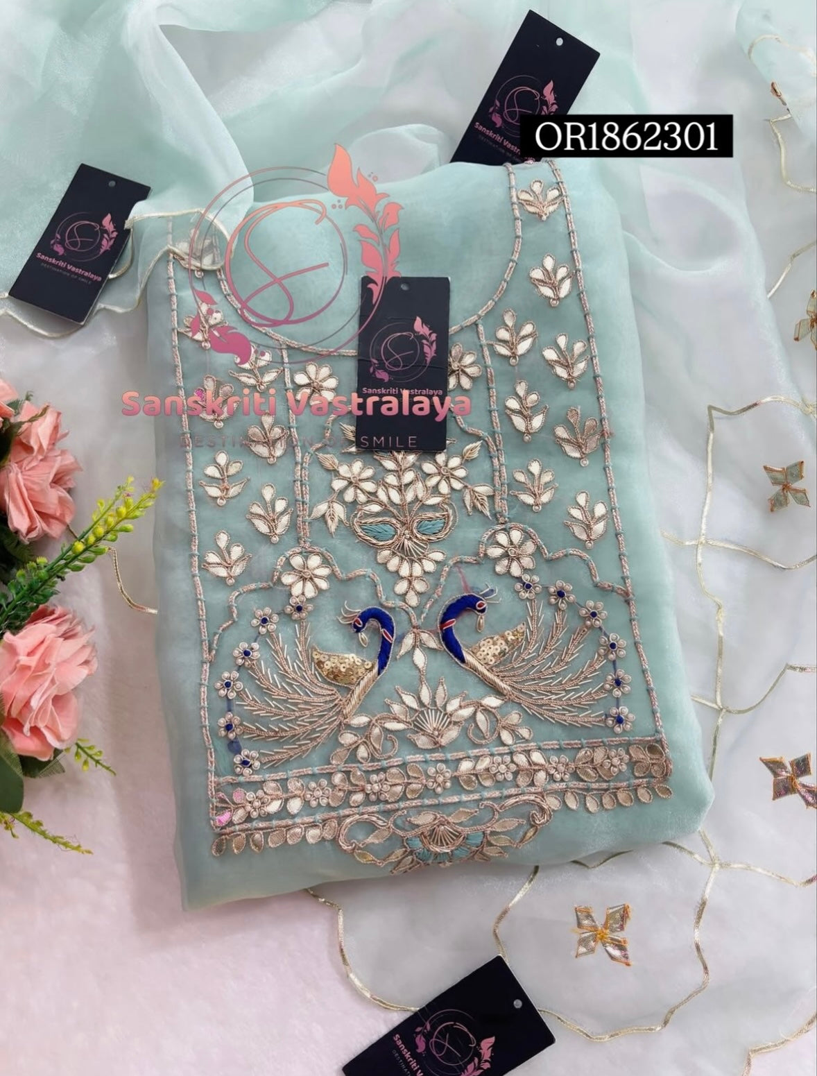 ORGANZA Zardogi Handwork 3pc  OCEANBLUE UNSTICHED Suit jaipuri GOTA PATTI  OR1862301