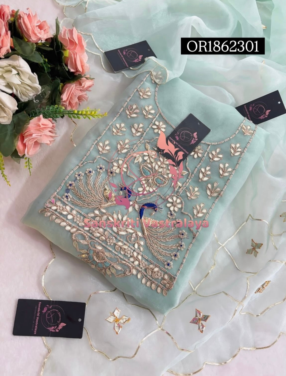 ORGANZA Zardogi Handwork 3pc  OCEANBLUE UNSTICHED Suit jaipuri GOTA PATTI  OR1862301