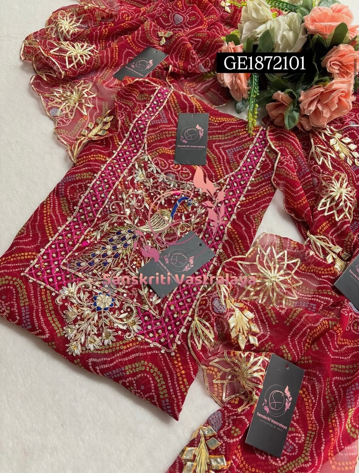 GEORGETTE Zardogi Handwork 3pc  RED UNSTICHED Suit jaipuri GOTA PATTI   GE1872101
