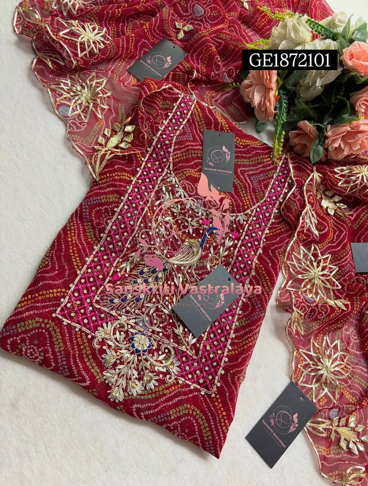 GEORGETTE Zardogi Handwork 3pc  RED UNSTICHED Suit jaipuri GOTA PATTI   GE1872101