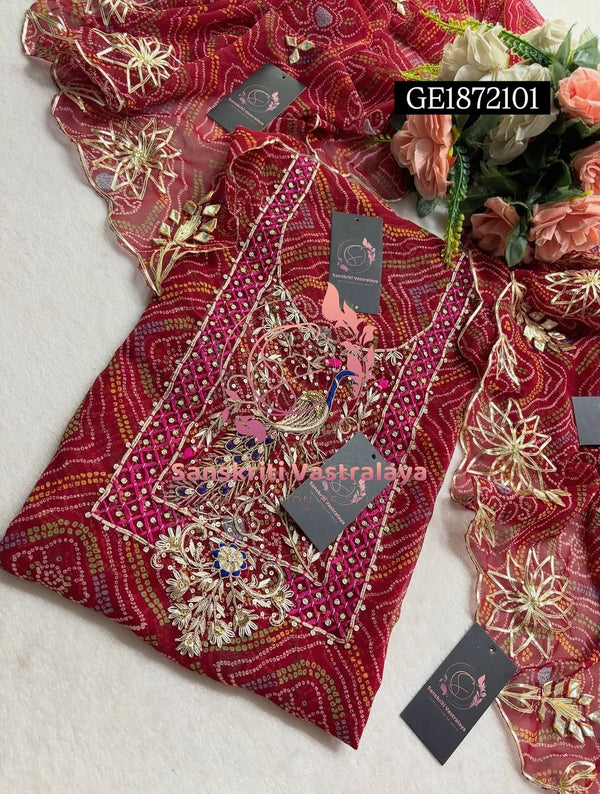 GEORGETTE Zardogi Handwork 3pc  RED UNSTICHED Suit jaipuri GOTA PATTI   GE1872101