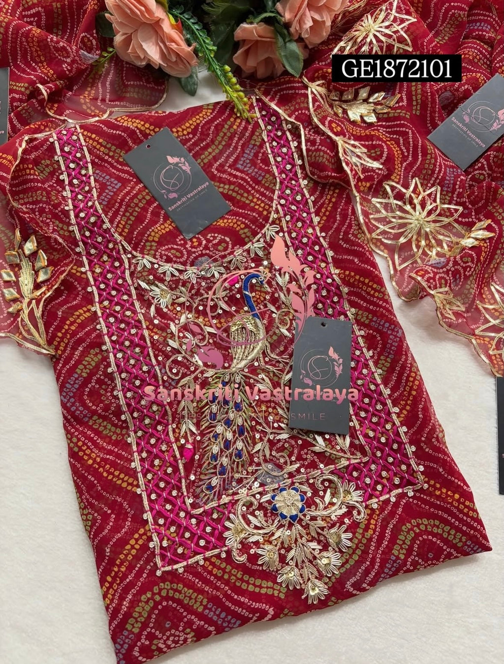 GEORGETTE Zardogi Handwork 3pc  RED UNSTICHED Suit jaipuri GOTA PATTI   GE1872101