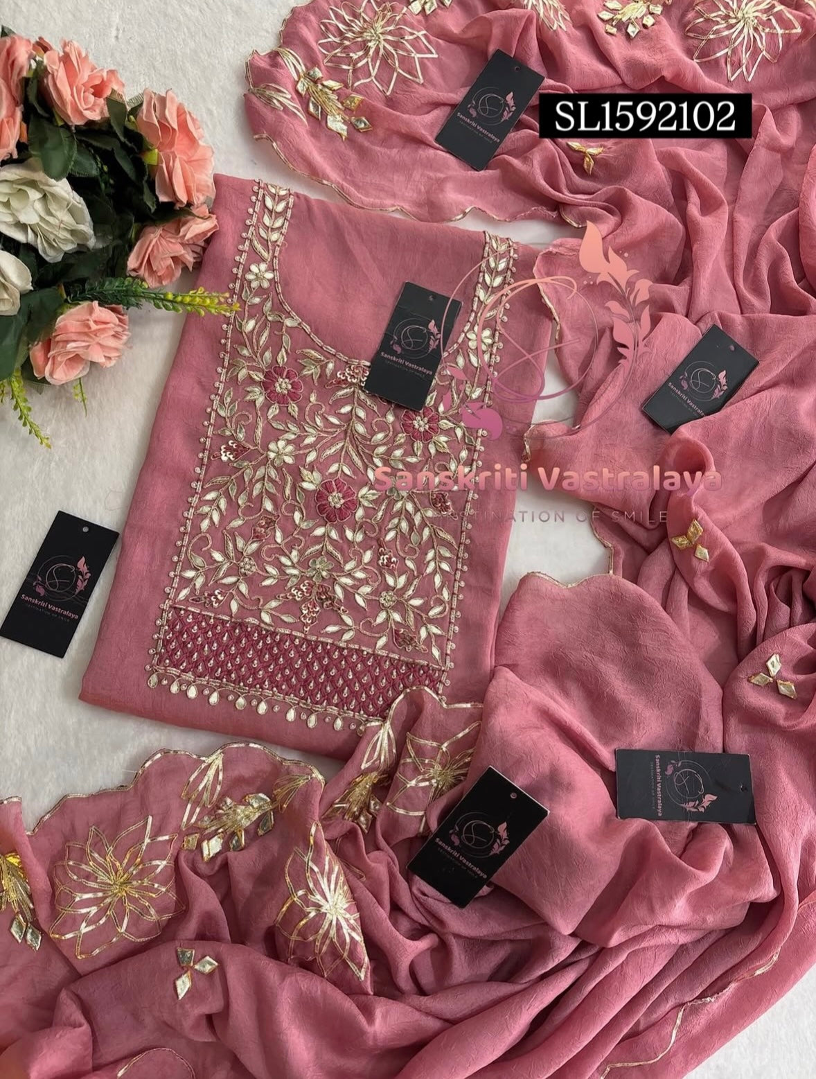 RANGOLI CRUSH Zardogi Handwork 3pc ONION PINK UNSTICHED Suit jaipuri GOTA PATTI  SL1592102