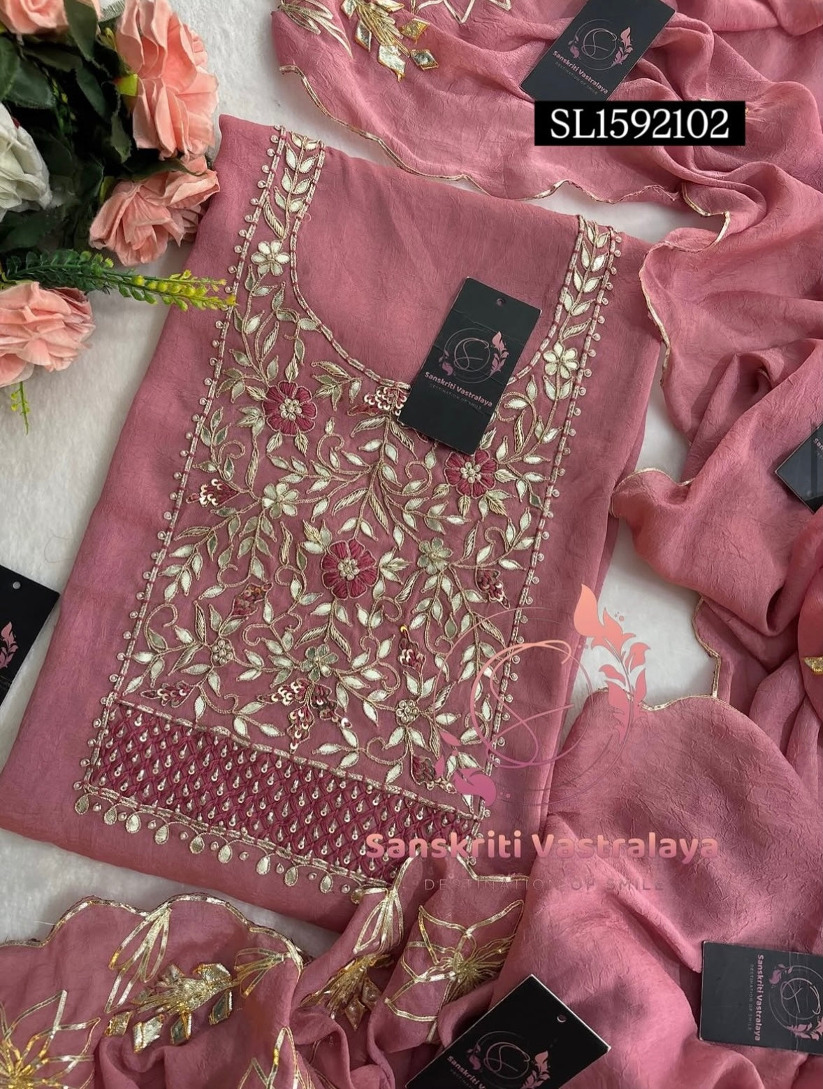 RANGOLI CRUSH Zardogi Handwork 3pc ONION PINK UNSTICHED Suit jaipuri GOTA PATTI  SL1592102