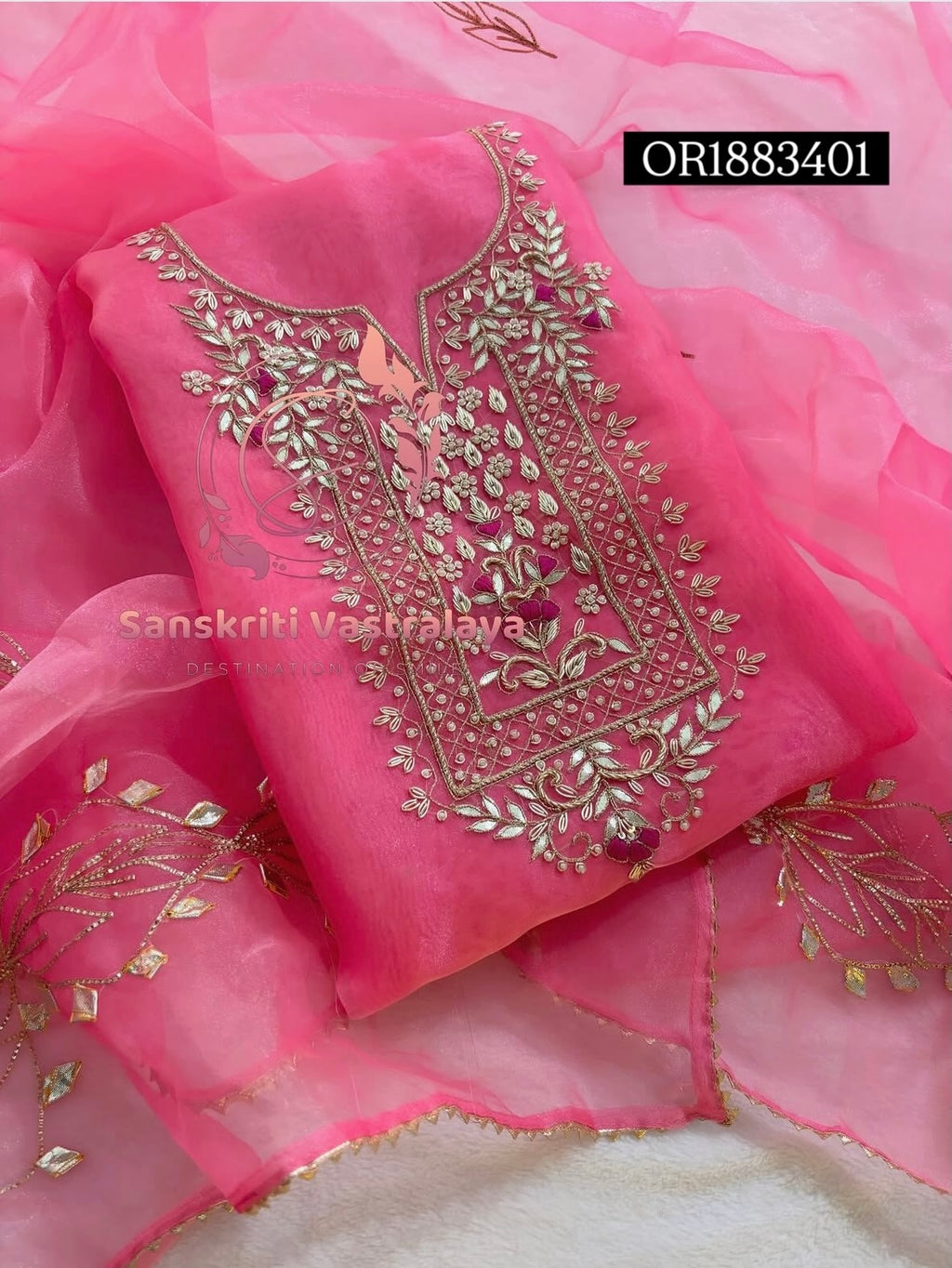 ORGANZA Zardogi Handwork 3pc BABY PINK UNSTICHED Suit jaipuri GOTA PATTI  OR1883401