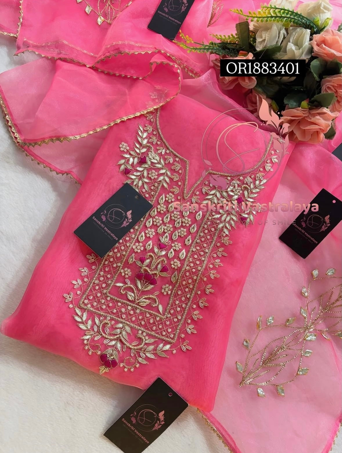 ORGANZA Zardogi Handwork 3pc BABY PINK UNSTICHED Suit jaipuri GOTA PATTI  OR1883401