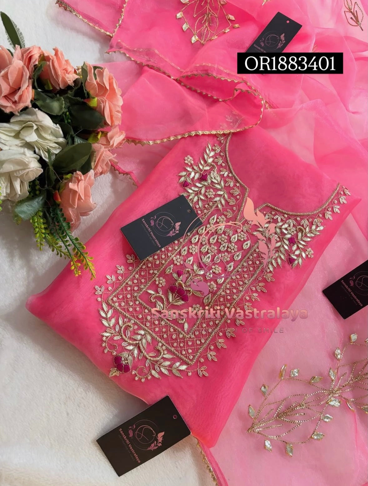 ORGANZA Zardogi Handwork 3pc BABY PINK UNSTICHED Suit jaipuri GOTA PATTI  OR1883401