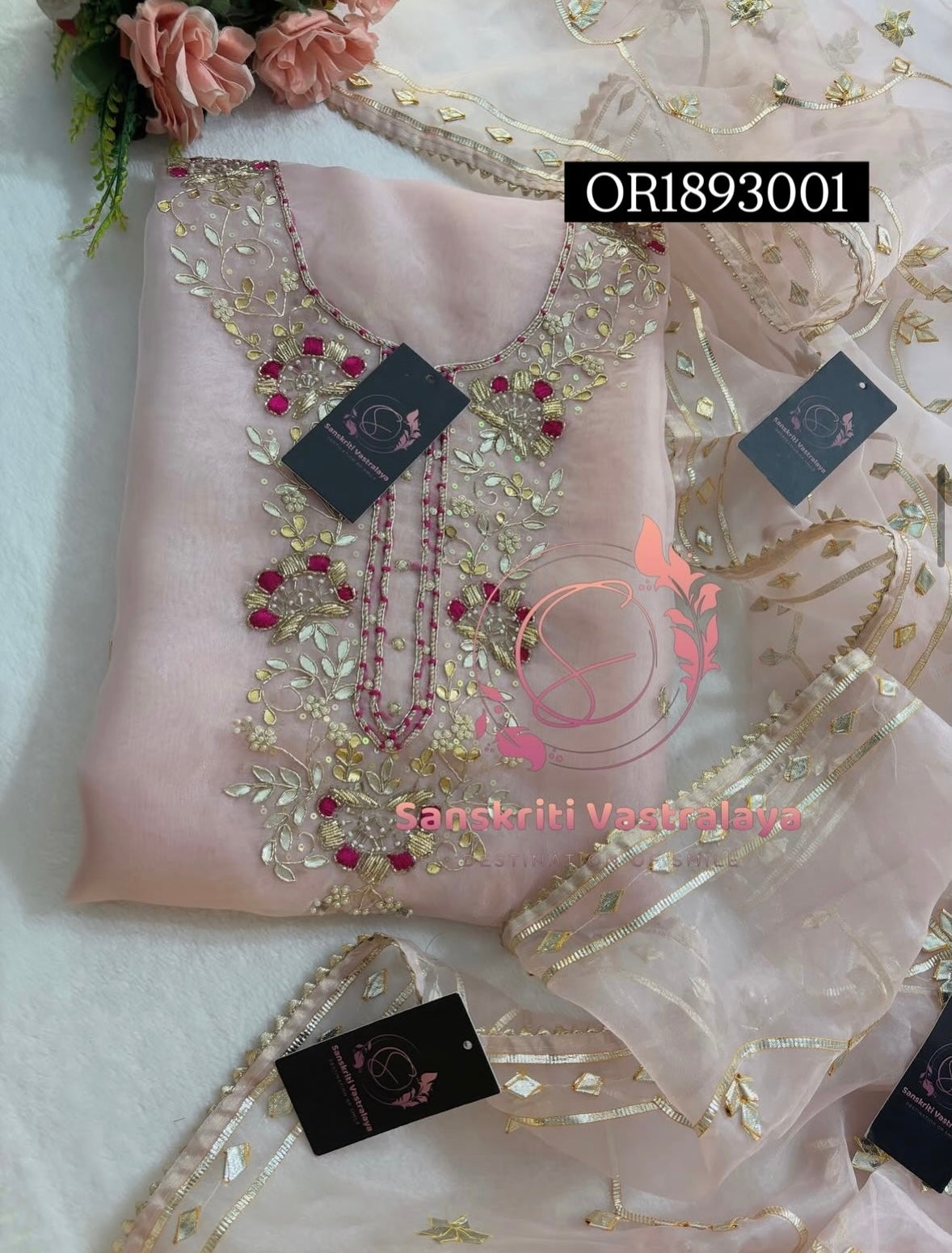 ORGANZA Zardogi Handwork 3pc peach UNSTICHED Suit jaipuri GOTA PATTI  OR1893001
