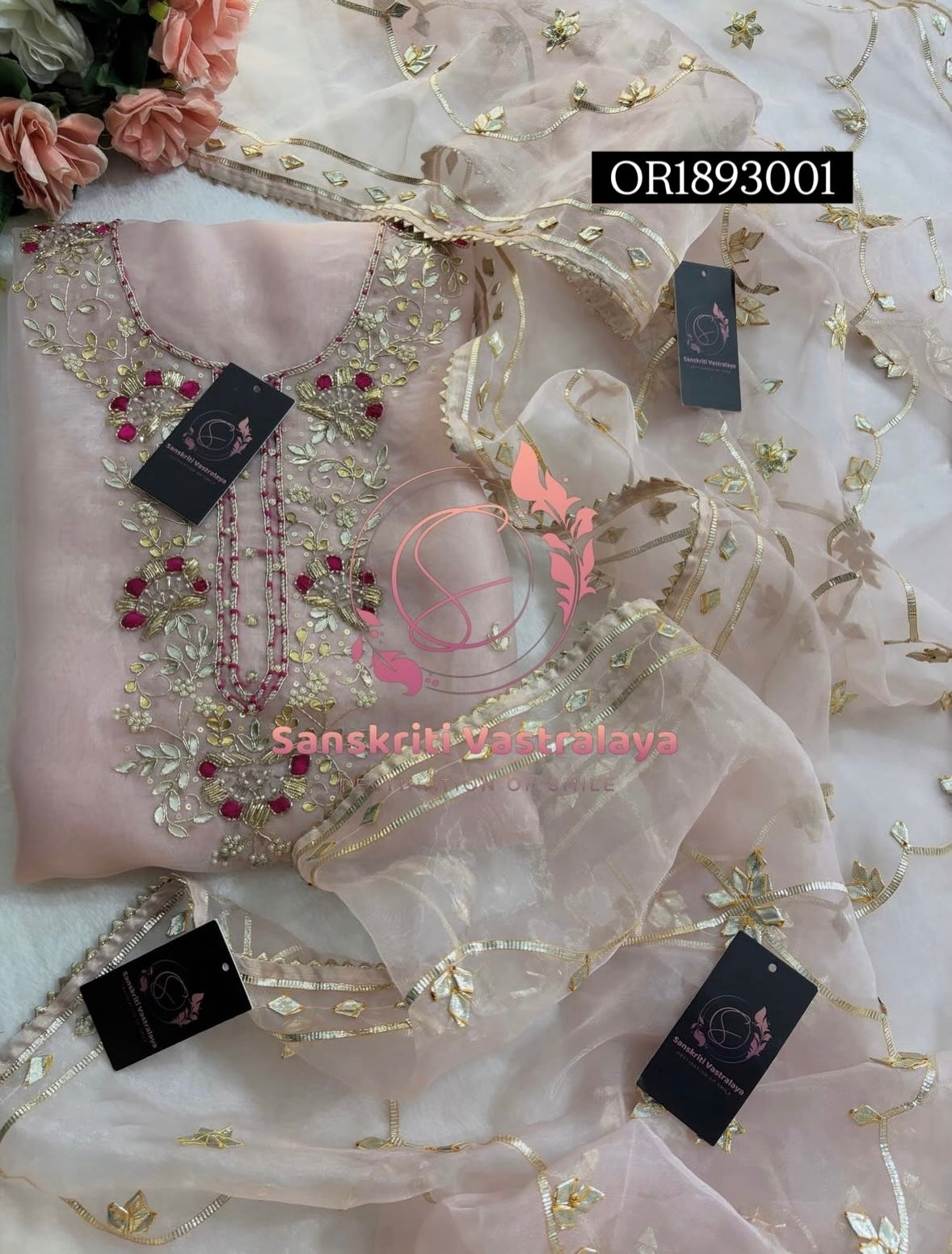 ORGANZA Zardogi Handwork 3pc peach UNSTICHED Suit jaipuri GOTA PATTI  OR1893001